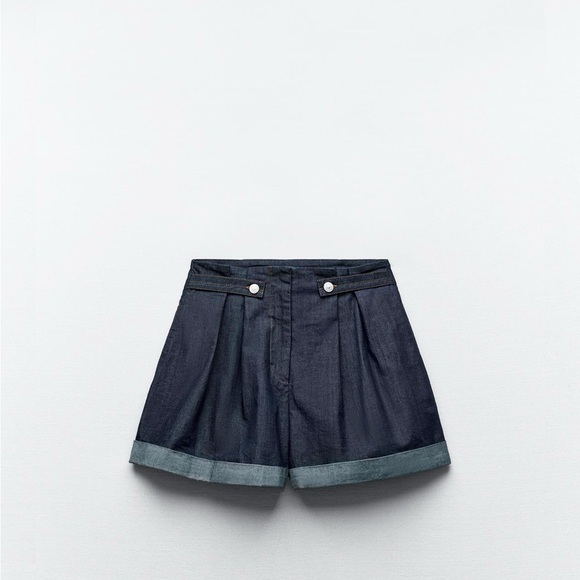 Zara Blue Jean Shorts High-Waisted Pleated - Picture 1 of 1